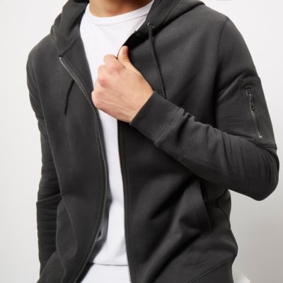 Slate grey casual zip front hoodie